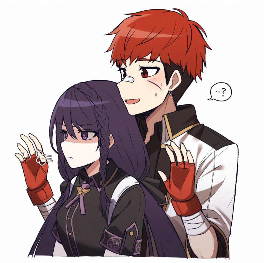 1boy 1girl :d :t =3 ? bandaged_arm bandages bandaid bandaid_on_nose black_shirt black_survival braid breasts fingerless_gloves frown gloves hyejin_(black_survival) hyunwoo_(black_survival) jacket lix long_hair low_twintails pout purple_hair red_eyes red_gloves redhead shaded_face shirt short_hair small_breasts smile spoken_question_mark twintails violet_eyes white_jacket