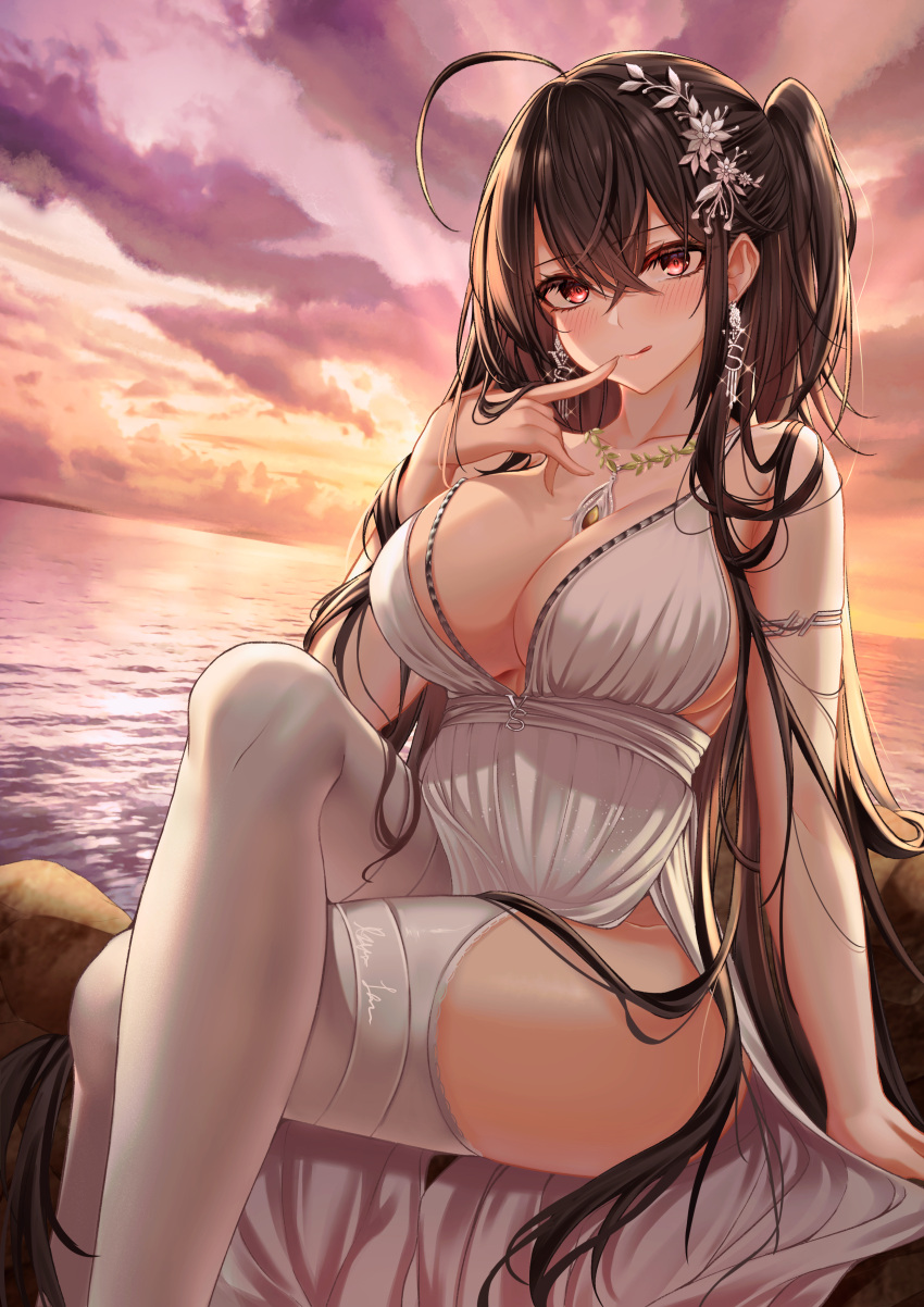 1girl absurdres azur_lane backless_dress backless_outfit black_hair bratja breasts center_opening cocktail_dress crossed_legs dress earrings evening_gown eyebrows_visible_through_hair finger_to_mouth hair_between_eyes hair_strand highres huge_breasts jewelry long_hair official_alternate_costume outdoors plunging_neckline red_eyes ring satin_dress sleeveless sleeveless_dress solo sunset taihou_(azur_lane) taihou_(temptation_on_the_sea_breeze)_(azur_lane) very_long_hair water wedding_dress wedding_ring white_dress white_legwear