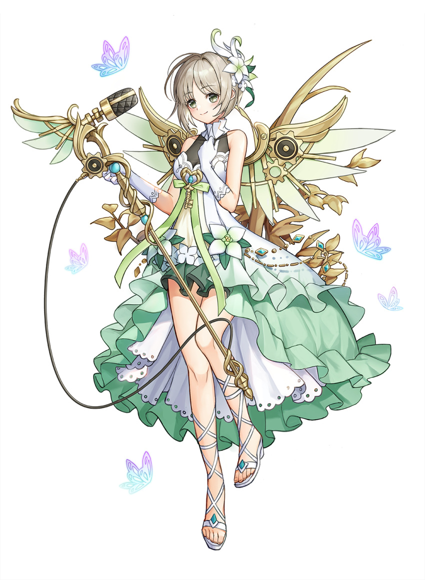 1girl bug butterfly dress fairy frilled_dress frills full_body gloves green_eyes highres hongsi mechanical_wings microphone microphone_stand original short_hair simple_background solo toes white_background wings