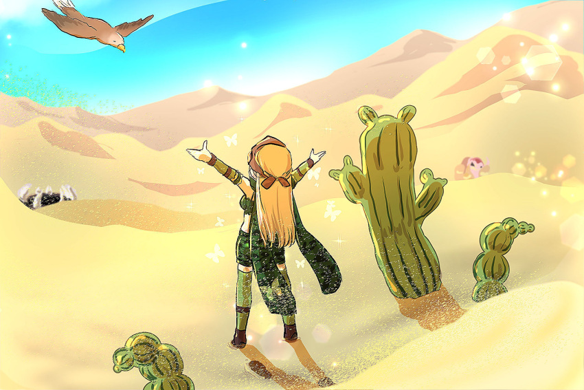1girl arms_up bandana bird blonde_hair blue_sky boots bra_strap braid breasts brown_footwear brown_headwear cactus camouflage camouflage_scarf camouflage_shorts commentary_request day desert falcon french_braid from_behind full_body gloves green_gloves green_legwear green_scarf green_shorts green_tube_top hode in-universe_location lens_flare long_hair manoji medium_breasts midriff monster outdoors phreeoni ragnarok_online ranger_(ragnarok_online) sand scarf shorts sky solo_focus standing thigh-highs