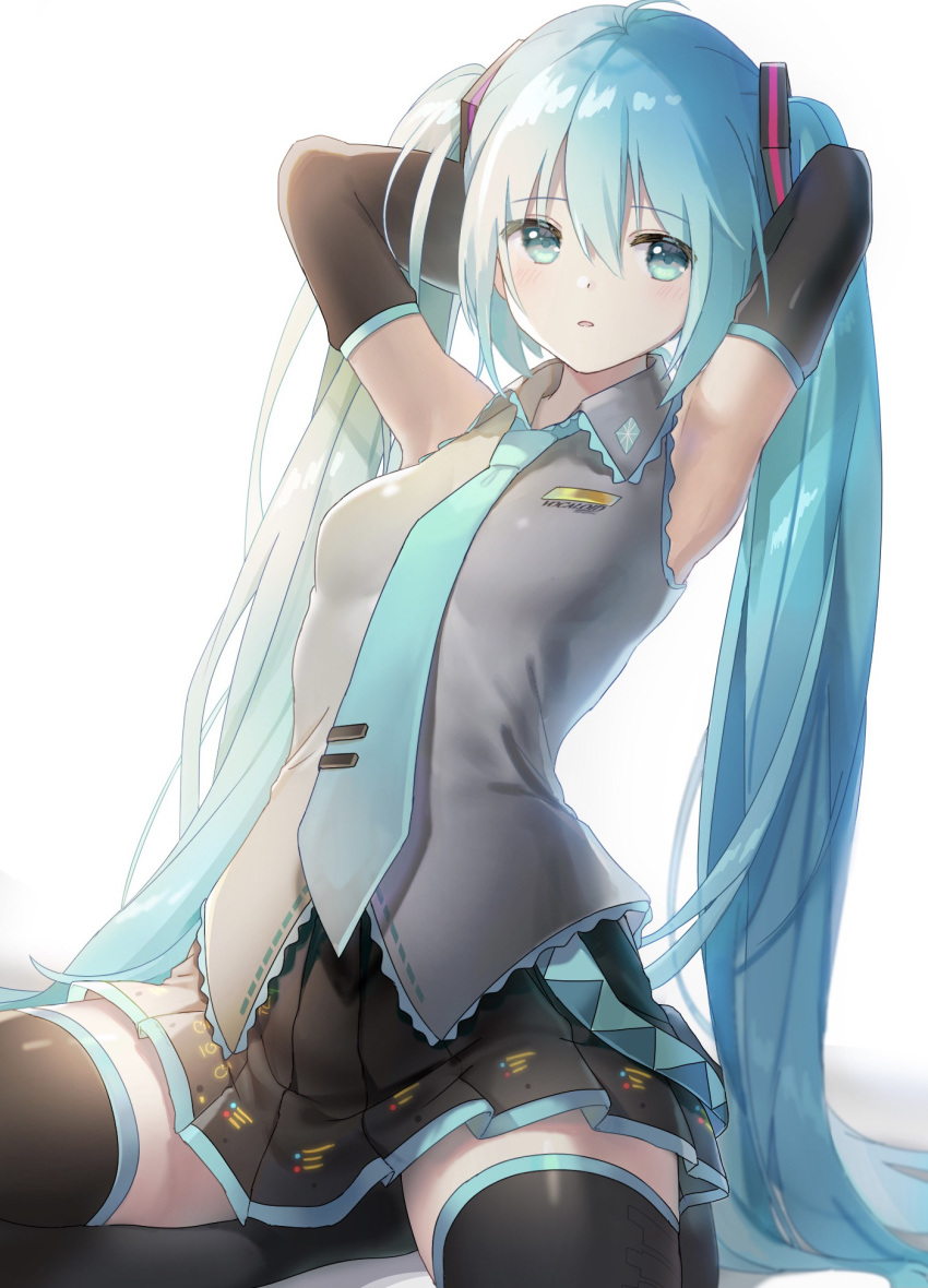 1girl aqua_eyes aqua_hair aqua_neckwear armpits arms_up black_legwear black_skirt black_sleeves blush collared_shirt commentary_request detached_sleeves grey_shirt hands_in_hair hatsune_miku highres long_hair long_sleeves looking_at_viewer miniskirt necktie parted_lips pleated_skirt shirt simple_background sitting skirt solo thigh-highs tsukiringo twintails very_long_hair vocaloid white_background zettai_ryouiki