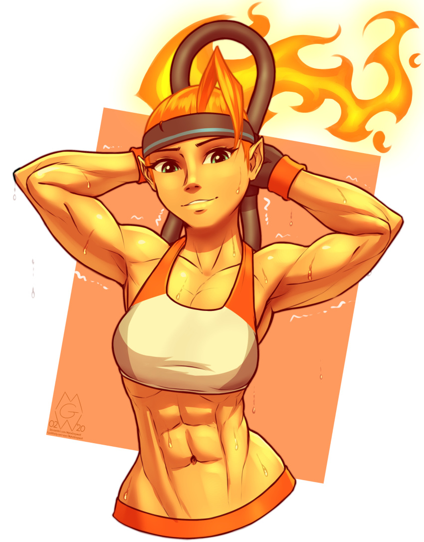 1girl abs absurdres arms_up dripping fiery_hair fire green_eyes highres midriff muscular muscular_female mykegreywolf orange_hair pointy_ears ponytail ring_(ring_fit_adventure) ring_fit_adventure ring_fit_trainee ring_fit_trainee_(female) shiny smile sweat tied_hair trembling upper_body