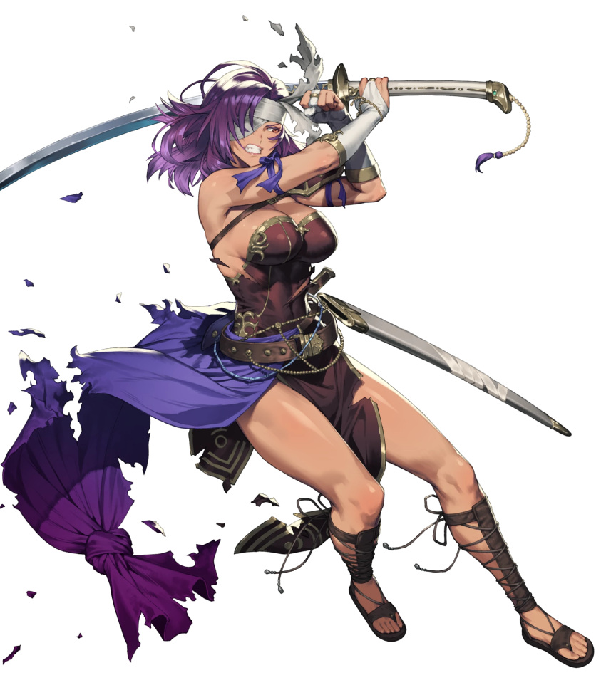 1girl armor bangs bare_shoulders belt breasts clenched_hand clenched_teeth cozy dark_skin dress elbow_gloves eyepatch fire_emblem fire_emblem:_mystery_of_the_emblem fire_emblem_heroes full_body gloves gold_trim highres holding holding_sword holding_weapon large_breasts long_hair looking_away malice_(fire_emblem) muscular muscular_female official_art parted_lips purple_hair red_eyes sheath shiny shiny_hair shiny_skin shoulder_armor solo strapless strapless_dress sword tan teeth toeless_footwear toes torn_clothes transparent_background weapon