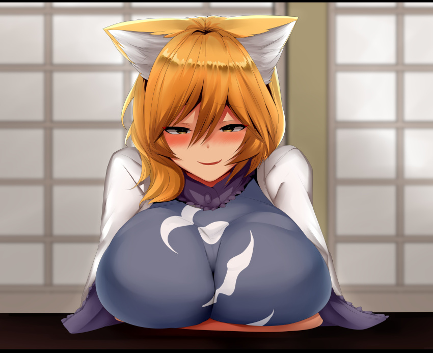 1girl absurdres animal_ear_fluff animal_ears bangs blonde_hair blush breasts breasts_on_table eyebrows_visible_through_hair fang fox_ears hair_between_eyes headwear_removed highres huge_breasts long_sleeves looking_at_viewer mizuga seductive_smile short_hair shouji skin_fang sliding_doors smile solo symbol-only_commentary tabard table touhou white_sleeves wide_sleeves yakumo_ran yellow_eyes