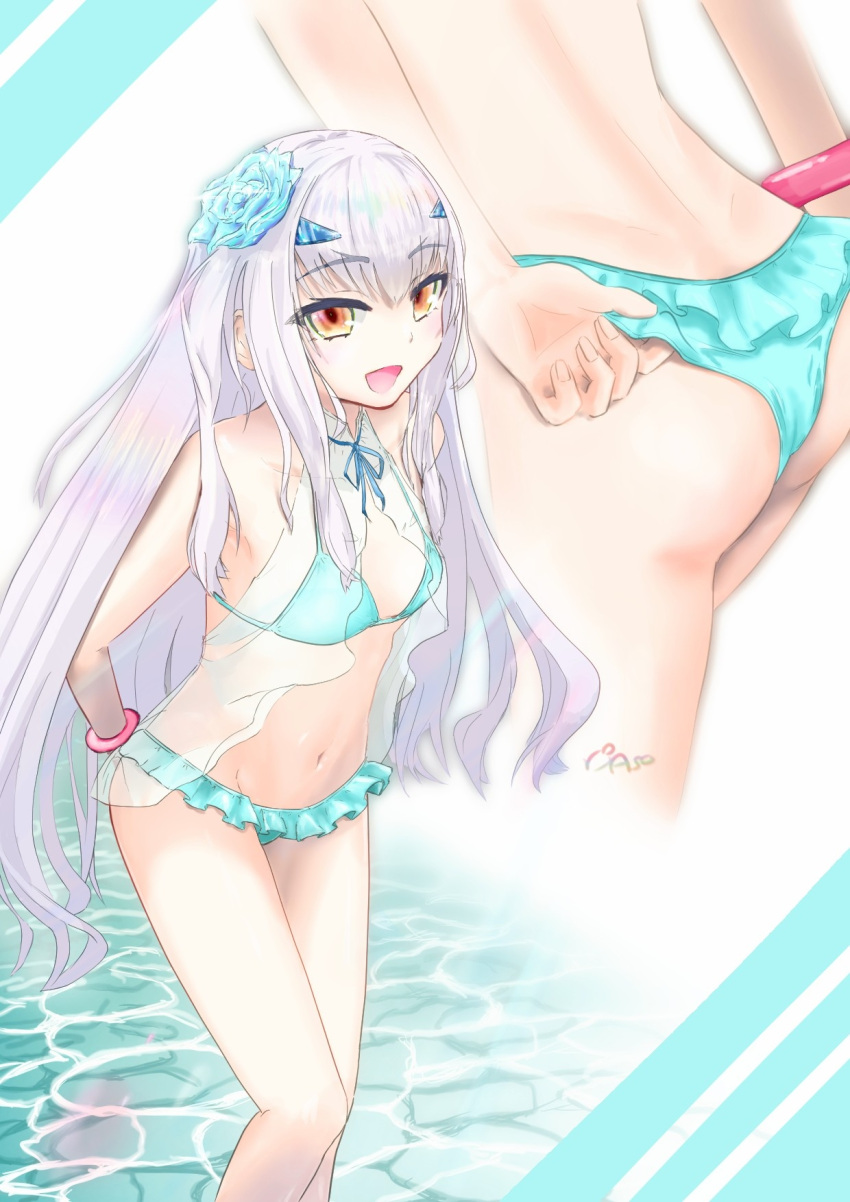 1girl asobeco ass bangs bare_shoulders bikini blue_bikini blush breasts brown_eyes collarbone fairy_knight_lancelot_(fate) fate/grand_order fate_(series) flower hair_flower hair_ornament highres long_hair looking_at_viewer multiple_views navel open_mouth sidelocks small_breasts smile swimsuit thighs wading water white_hair