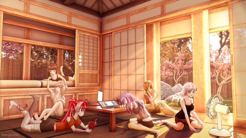 absurdres airani_iofifteen anya_melfissa ayunda_risu bangsat3d bare_shoulders barefoot camisole cherry_blossoms highres hololive hololive_indonesia kureiji_ollie moona_hoshinova oversized_clothes pavolia_reine short_shorts shorts sleeping summer sunset tank_top tatami