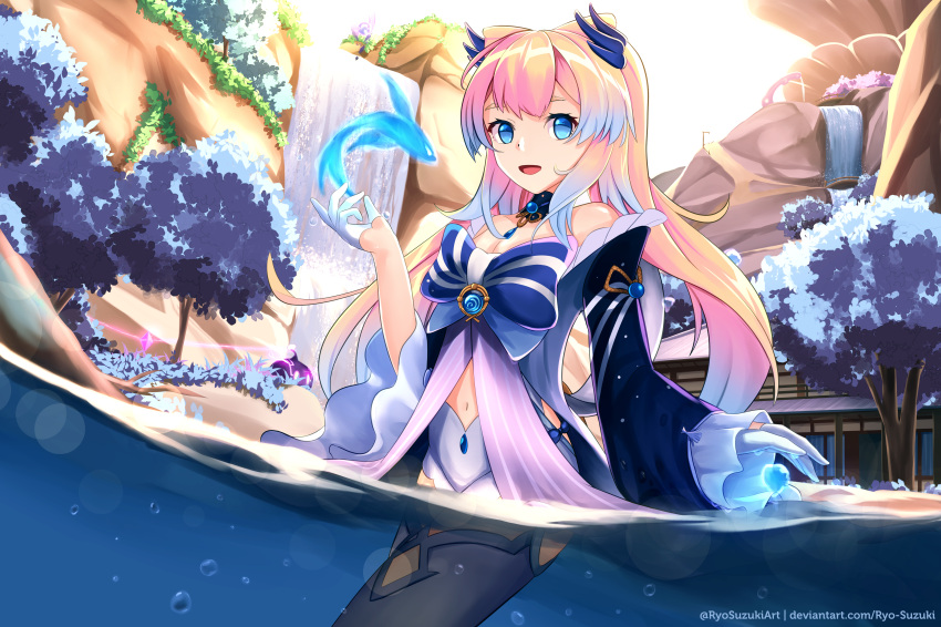 1girl :d absurdres architecture bangs blue_eyes blunt_bangs bow building cliff commentary_request detached_sleeves east_asian_architecture eyebrows_visible_through_hair fish genshin_impact gloves gradient_hair hair_ornament half_gloves highres in_water long_hair long_sleeves looking_at_viewer low_twintails midriff multicolored_hair navel pink_hair ryo-suzuki sangonomiya_kokomi short_shorts shorts sidelocks smile thick_eyebrows thigh-highs twintails vision_(genshin_impact) water waterfall white_gloves white_legwear white_shorts wide_sleeves zettai_ryouiki