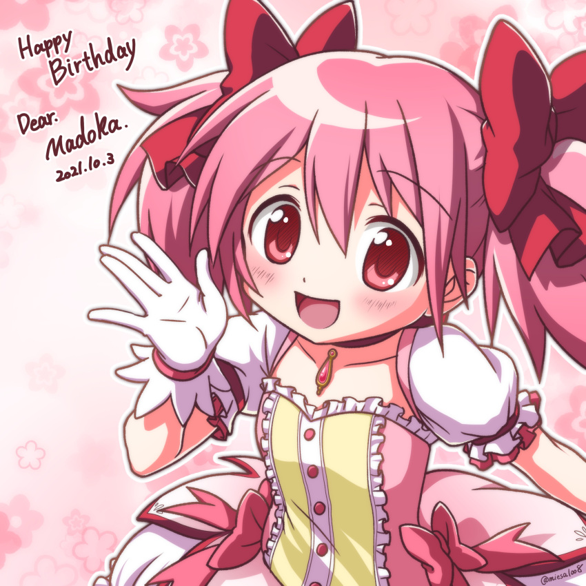 1girl 2021 arm_at_side bow breasts bubble_skirt buttons center_frills character_name choker collarbone dated dot_nose eyebrows_visible_through_hair floral_background frilled_sleeves frills gloves gradient gradient_background hair_between_eyes hair_ribbon hand_up happy happy_birthday highres kaname_madoka light_blush looking_at_viewer mahou_shoujo_madoka_magica miesa open_mouth outline pink_background pink_bow pink_eyes pink_hair pink_theme puffy_short_sleeves puffy_sleeves red_choker red_ribbon ribbon shiny shiny_hair short_sleeves simple_background skirt small_breasts solo soul_gem tareme text_focus twintails twitter_username upper_body waist_bow waving white_background white_gloves white_outline white_skirt