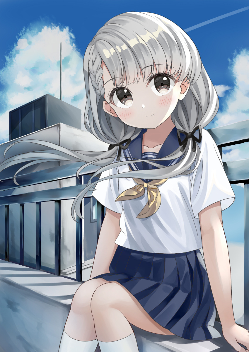 1girl absurdres bangs black_ribbon blue_sailor_collar blue_skirt blue_sky blush braid braided_bangs brown_eyes closed_mouth clouds cloudy_sky day eyebrows_visible_through_hair feet_out_of_frame grey_hair hair_over_shoulder hair_ribbon highres hisakawa_nagi idolmaster idolmaster_cinderella_girls long_hair low_twintails neckerchief outdoors pleated_skirt railing ribbon sailor_collar school_uniform serafuku shirt short_sleeves sitting skirt sky smile socks solo twintails very_long_hair white_legwear white_shirt yata_(yatao_zzz) yellow_neckwear