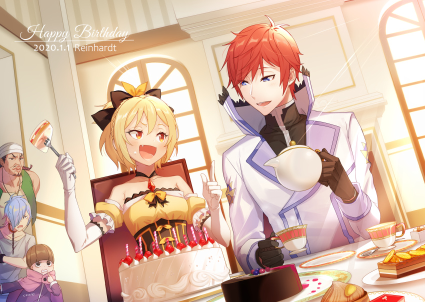 :d blonde_hair blue_eyes cake cake_slice chin_(re:zero) cup detached_sleeves eating fang felt_(re:zero) food food_on_face gloves happy_birthday highres indoors kan_(re:zero) kumuo_(mirakurufusao) open_mouth re:zero_kara_hajimeru_isekai_seikatsu red_eyes redhead reinhard_van_astrea ribbon smile teacup teapot ton_(re:zero)