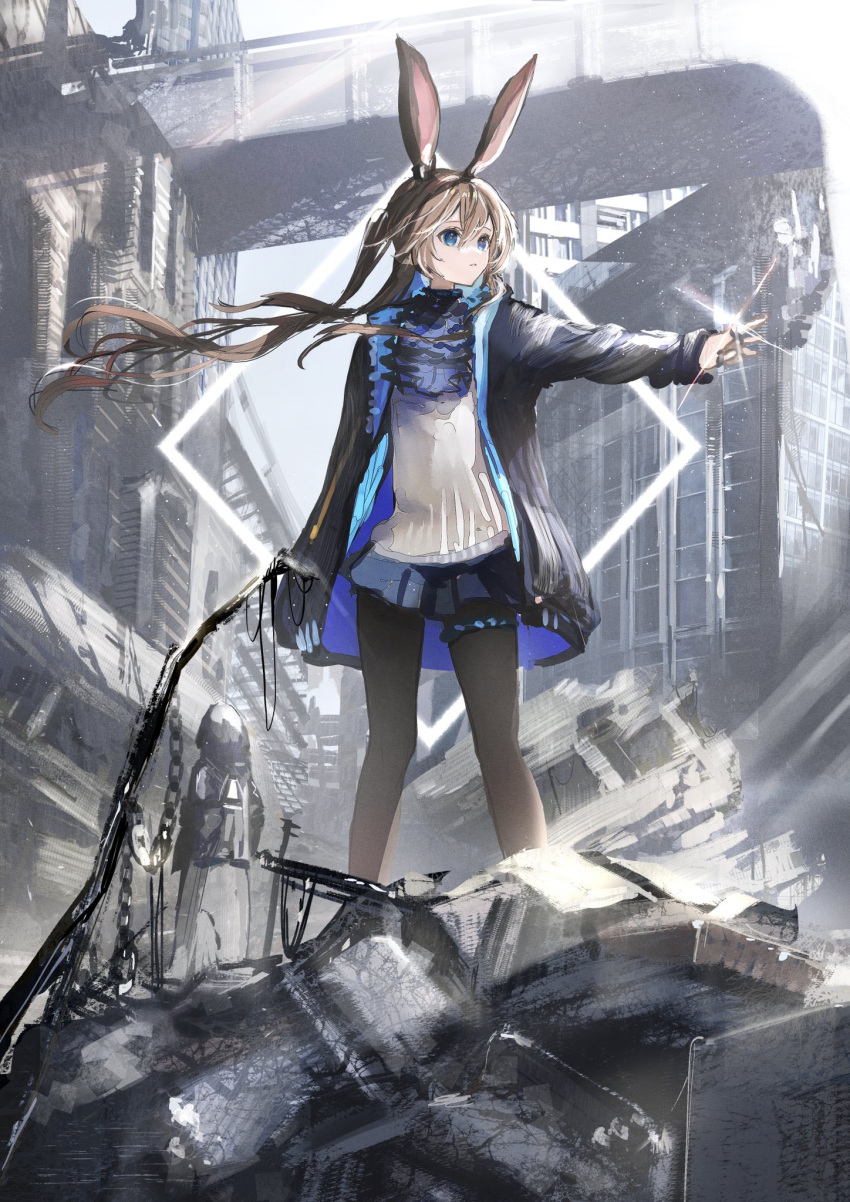 1girl 1other amiya_(arknights) animal_ears arknights ascot black_jacket black_legwear blue_eyes blue_neckwear blue_skirt brown_hair building chain city commentary day doctor_(arknights) expressionless feet_out_of_frame floating_hair glint hair_between_eyes highres jacket jewelry light_rays long_hair miniskirt multiple_rings nanaponi open_clothes open_jacket originium_arts_(arknights) outdoors outstretched_arm pantyhose parted_lips pleated_skirt rabbit_ears ring rubble ruins skirt skyscraper solo_focus standing sunlight sweater thighlet white_sweater