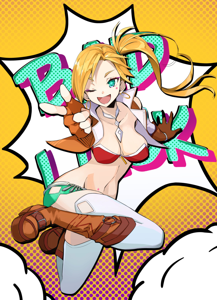 1girl absurdres aqua_eyes bikini bikini_top blonde_hair breasts brown_footwear brown_vest calamity_jane_(fate) earrings facial_mark fate/grand_order fate_(series) fingerless_gloves gloves high_collar highres jewelry looking_at_viewer midriff one_eye_closed open_mouth shorts side_ponytail smile solo star_(symbol) swimsuit tattoo thigh-highs vest white_legwear yuniyuni