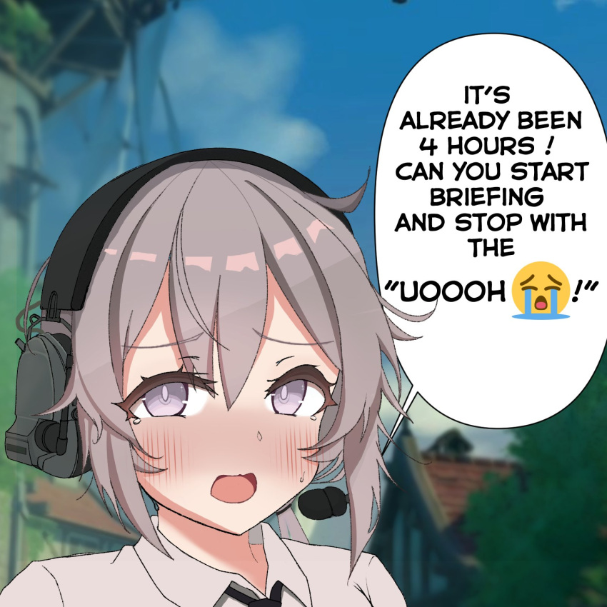 1girl blurry blurry_background blush bright_pupils collared_shirt day embarrassed emoji english_text eyebrows_visible_through_hair girls_frontline grey_eyes grey_hair hair_between_eyes headset highres looking_at_viewer m200_(girls'_frontline) microphone necktie open_mouth ryuu_(ryuu_pan) shirt short_hair sidelocks sky solo speech_bubble thick_eyebrows white_pupils white_shirt