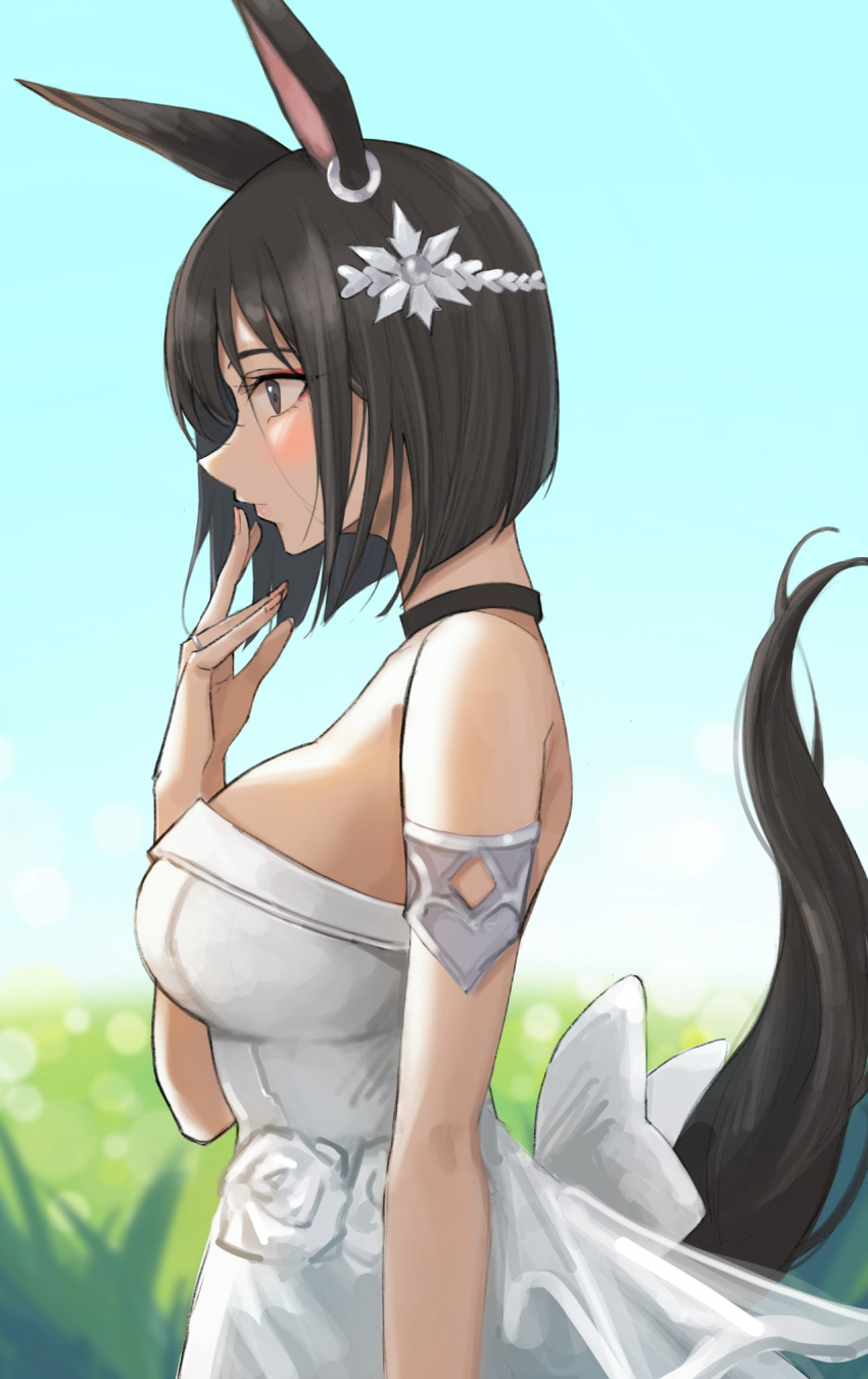1girl air_groove_(umamusume) animal_ears arm_at_side armlet bare_shoulders black_choker black_eyes black_hair blue_sky blush breasts choker closed_mouth day dress ear_piercing from_side hair_ornament hand_up highres horse_ears horse_girl horse_tail jewelry large_breasts looking_away looking_down outdoors piercing profile renzu_(lens_02) ring short_hair sky solo strapless strapless_dress tail umamusume upper_body white_dress