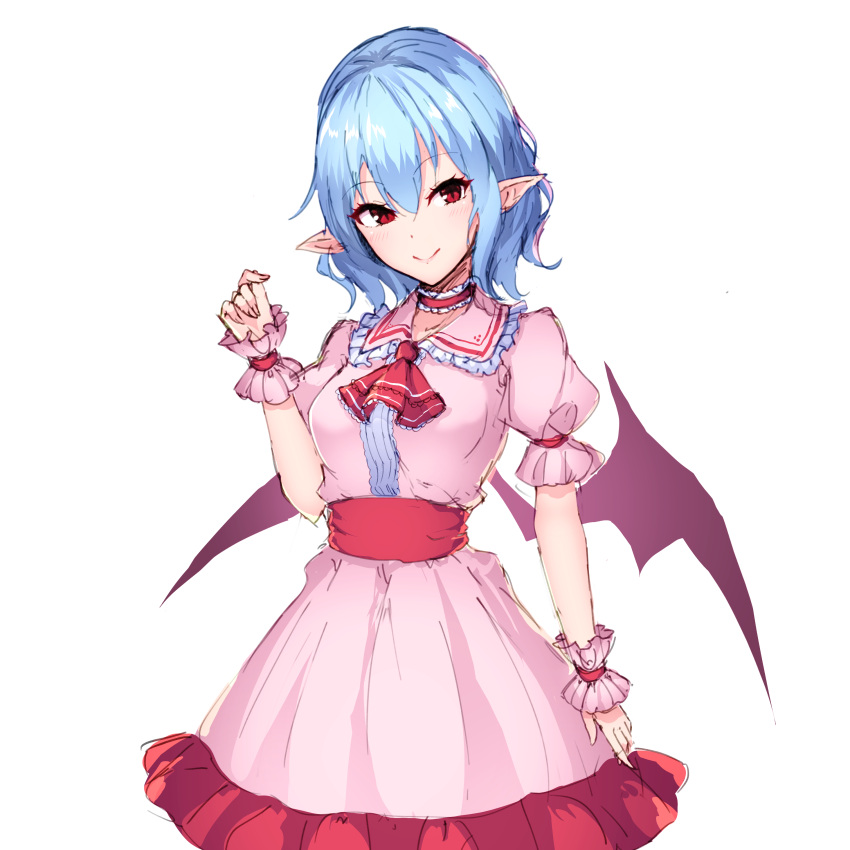 1girl absurdres ascot bangs bat_wings blue_hair breasts choker commentary dated_commentary dress frilled_choker frilled_shirt_collar frills hair_between_eyes highres junior27016 looking_at_viewer medium_breasts medium_hair pink_dress pointy_ears puffy_short_sleeves puffy_sleeves red_eyes red_neckwear remilia_scarlet short_sleeves simple_background sketch smile solo touhou wings wrist_cuffs
