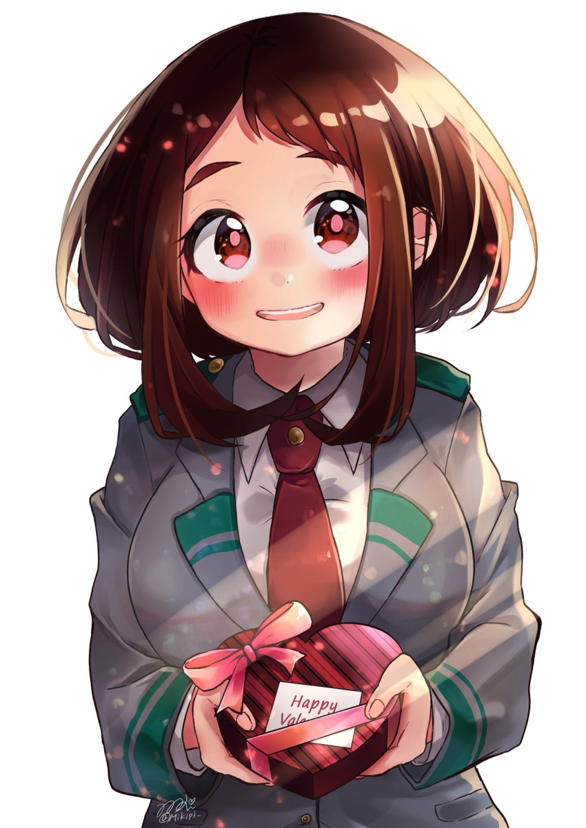 1girl blush boku_no_hero_academia brown_hair candy chocolate food happy_valentine heart heart-shaped_chocolate highres looking_at_viewer mikipi necktie school_uniform simple_background smile solo twitter_username valentine white_background