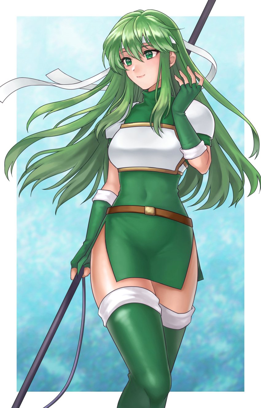 1girl absurdres armor bangs belt boots breastplate covered_navel fingerless_gloves fire_emblem fire_emblem:_mystery_of_the_emblem gloves green_eyes green_hair hair_between_eyes hazuki_(nyorosuke) headband highres holding holding_polearm holding_weapon long_hair palla_(fire_emblem) polearm shoulder_armor sidelocks smile solo thigh-highs thigh_boots weapon white_headband