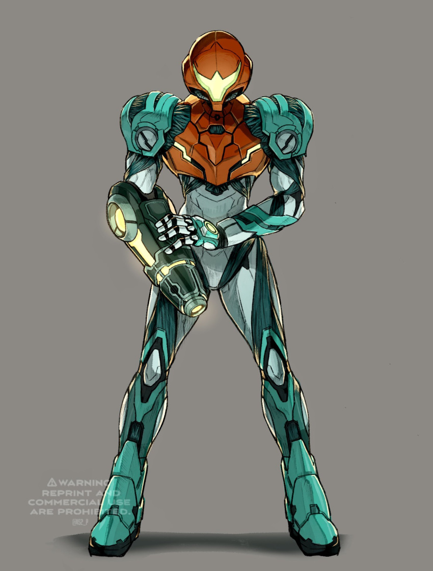 1girl arm_cannon armor bodysuit glowing highres looking_at_viewer metroid metroid_dread power_armor power_suit samus_aran science_fiction sidelocks simple_background solo tanaka_(is2_p) varia_suit weapon
