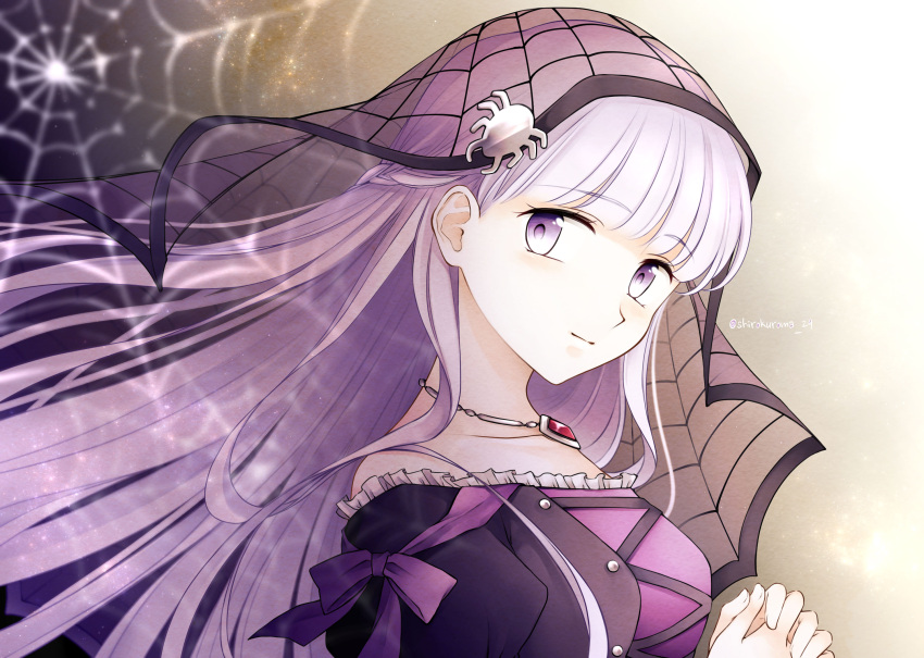 1girl absurdly_long_hair alternate_costume bare_shoulders black_dress bug closed_mouth collarbone dress fire_emblem fire_emblem:_the_binding_blade fire_emblem_heroes frilled_dress frills halloween halloween_costume highres interlocked_fingers jewelry lolita_fashion long_hair looking_at_viewer necklace official_alternate_costume purple_hair shirokuroma_29 solo sophia_(fire_emblem) spider veil very_long_hair violet_eyes