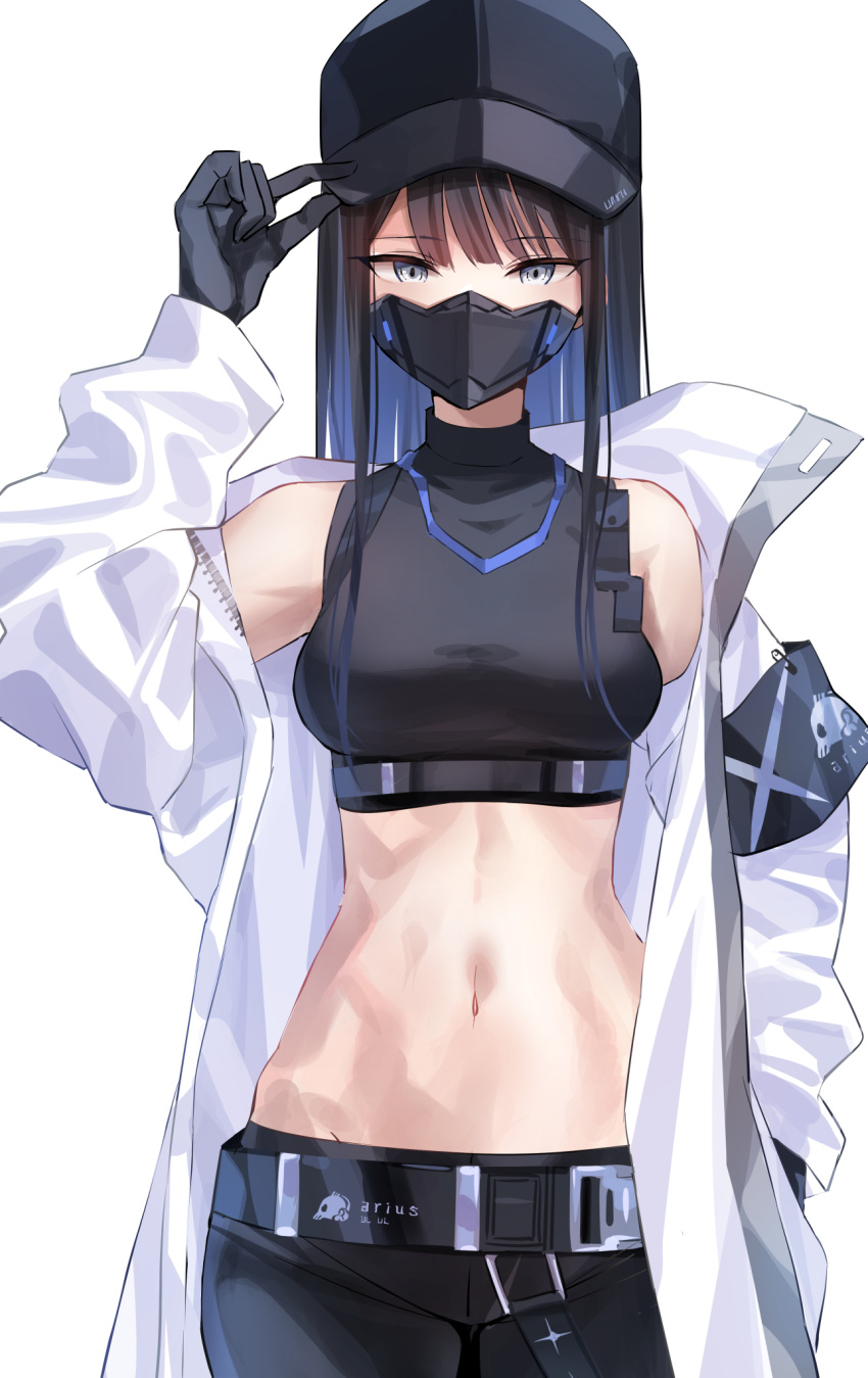 1girl armband bangs belt black_belt black_gloves black_hair black_headwear black_pants blue_archive breasts coat crop_top eyebrows_visible_through_hair gloves grey_eyes hand_in_pocket hand_on_headwear hat highres long_hair long_sleeves mask medium_breasts midriff mouth_mask multicolored_hair navel open_clothes open_coat origami pants ponpon_nun saori_(blue_archive) simple_background solo turtleneck white_background white_coat