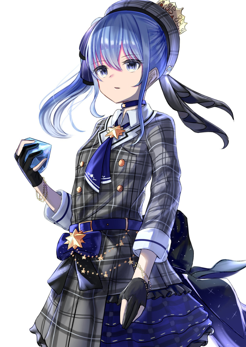 1girl bangs beret black_gloves blue_choker blue_eyes blue_hair blue_neckwear breasts choker collared_shirt commentary_request eyebrows_visible_through_hair frilled_skirt frills gem gloves grey_headwear grey_jacket grey_skirt hair_between_eyes hand_up hat highres holding hololive hoshimachi_suisei jacket long_hair long_sleeves natsuki_(natukituki) parted_lips partially_fingerless_gloves plaid plaid_skirt shirt sidelocks simple_background skirt small_breasts solo star_(symbol) virtual_youtuber white_background white_shirt