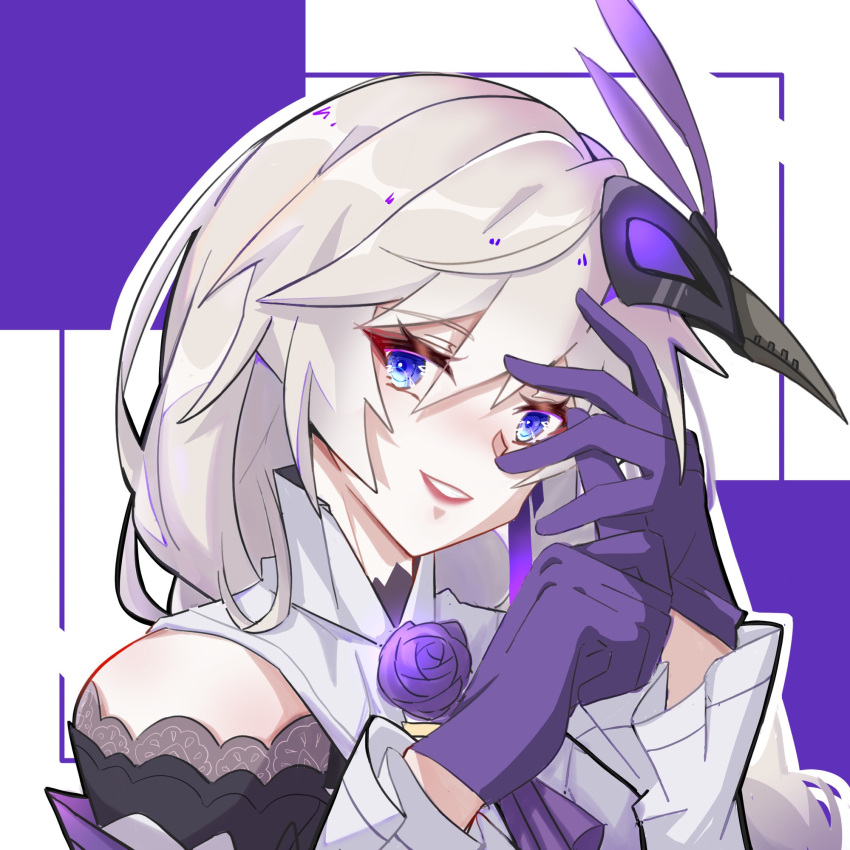 1girl 97552153 bangs blue_eyes braid braided_ponytail flower grin hair_between_eyes highres honkai_(series) honkai_impact_3rd kallen_kaslana kallen_kaslana_(sixth_serenade) long_hair looking_at_viewer mask open_mouth purple_background purple_flower smile solo teeth two-tone_background white_background white_hair