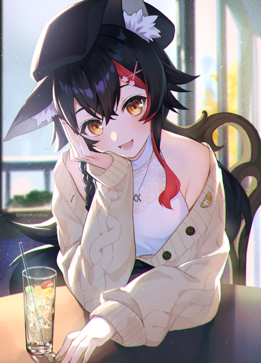1girl :d animal_ear_fluff animal_ears bangs black_hair black_headwear braid breasts brown_cardigan cafe cardigan chair commentary cup drinking_glass drinking_straw hair_between_eyes hair_ornament hairclip hand_on_own_cheek hand_on_own_face hat head_rest highres hololive ice ice_cube jewelry konatsu_hare long_hair long_sleeves looking_at_viewer medium_breasts multicolored_hair necklace off_shoulder ookami_mio open_cardigan open_clothes open_mouth orange_eyes pov_dating redhead shirt sidelocks single_braid sitting sleeveless sleeveless_shirt smile solo streaked_hair table twitter_username upper_body virtual_youtuber white_shirt wolf_ears wolf_girl x_hair_ornament