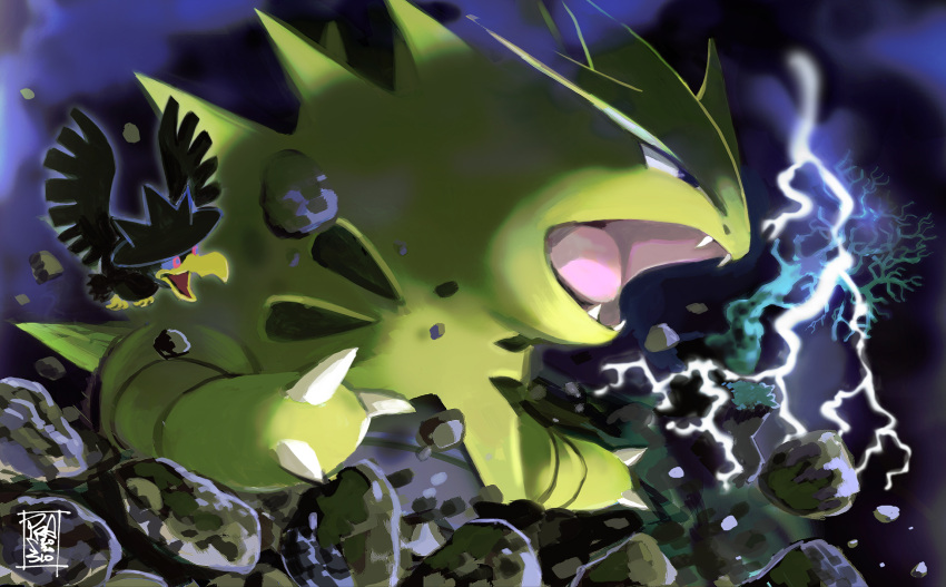 claws commentary_request electricity fangs from_side highres murkrow no_humans open_mouth pink_eyes pokemon pokemon_(creature) prassio rock tongue tyranitar