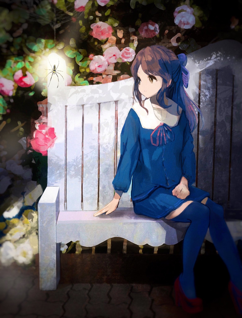 1girl arm_support black_hair blue_shirt blue_skirt brick_road bug expressionless flower hair_ribbon highres idolmaster idolmaster_cinderella_girls looking_at_animal on_bench pantyhose red_footwear ribbon rose shirt sitting skirt solo spider spotlight tachibana_arisu thigh-highs xxxhanaremexxx zettai_ryouiki