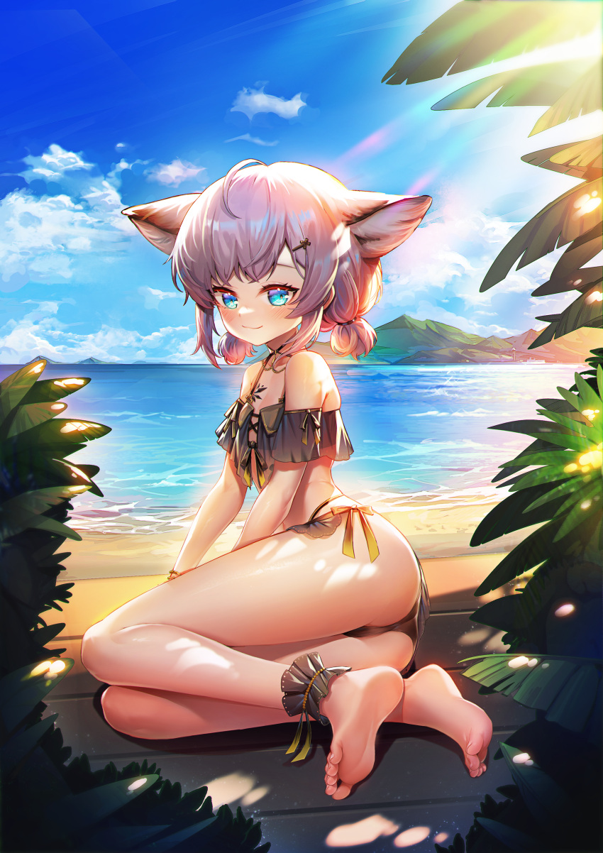 1girl absurdres ahoge animal_ears arknights ass beach bikini black_bikini blue_eyes blue_sky blush bow bow_bikini brown_hair clouds cloudy_sky fox_ears hair_ornament hairclip highres looking_at_viewer manic_shd mountainous_horizon no_tail official_alternate_costume oripathy_lesion_(arknights) outdoors palm_leaf sand shiny shiny_hair short_hair short_twintails sky smile solo sunlight sussurro_(arknights) sussurro_(summer_flowers)_(arknights) swimsuit twintails water