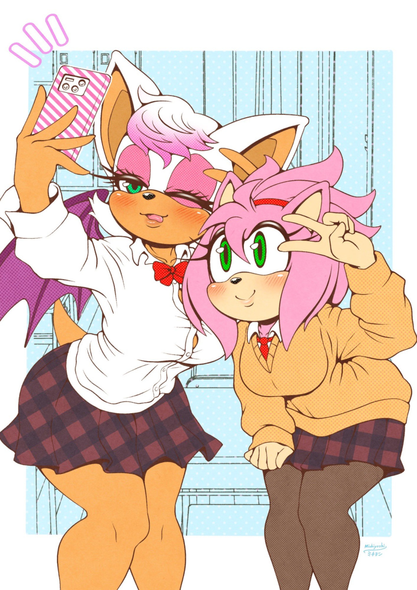 2girls :p alternate_costume alternate_hairstyle amy_rose animal_ears animal_nose aqua_eyes artist_name bare_legs bat_ears bat_girl blush border bow bowtie breasts button_gap buttons commentary_request desk eyeshadow furry furry_female gingham green_eyes gyaru halftone halftone_background hedgehog_ears highres indoors large_breasts leaning_forward locker long_sleeves looking_at_phone makeup mascara michiyoshi multiple_girls necktie no_bra one_eye_closed outside_border pantyhose phone pink_eyeshadow pink_hair plaid plaid_skirt pleated_skirt polka_dot red_bow red_neckwear rouge_the_bat school_desk school_uniform selfie shirt short_hair signature skirt smile sonic_(series) sonic_adventure_2 sonic_cd standing tied_hair tongue tongue_out unmoving_pattern v white_border white_hair white_shirt