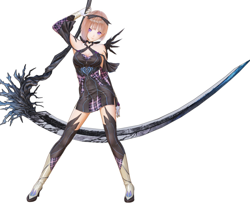 1girl arm_behind_back artist_request asymmetrical_hair bangs black_bow black_dress black_legwear black_wings blue_reflection_tie bob_cut boots bow brown_eyes brown_hair dress elbow_gloves gloves hair_bow head_tilt holding holding_weapon hoshizaki_ao huge_weapon legs_apart looking_at_viewer mechanical_wings official_art plaid plaid_dress promotional_art purple_dress scythe short_hair sleeveless sleeveless_dress solo standing thigh-highs thigh_boots transparent_background violet_eyes weapon white_gloves white_legwear wings