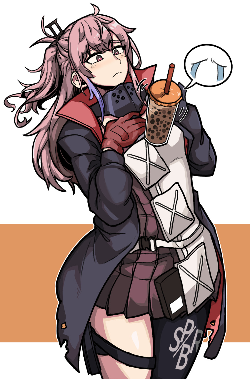 1girl absurdres bangs black_coat blue_eyes bubble_tea bubble_tea_challenge coat cup dinoyhs disposable_cup dress eyebrows_visible_through_hair girls_frontline gloves highres long_hair long_sleeves mod3_(girls'_frontline) object_on_breast object_on_pectorals one_side_up pink_hair pleated_dress red_dress red_gloves single_thighhigh solo st_ar-15_(girls'_frontline) thigh-highs