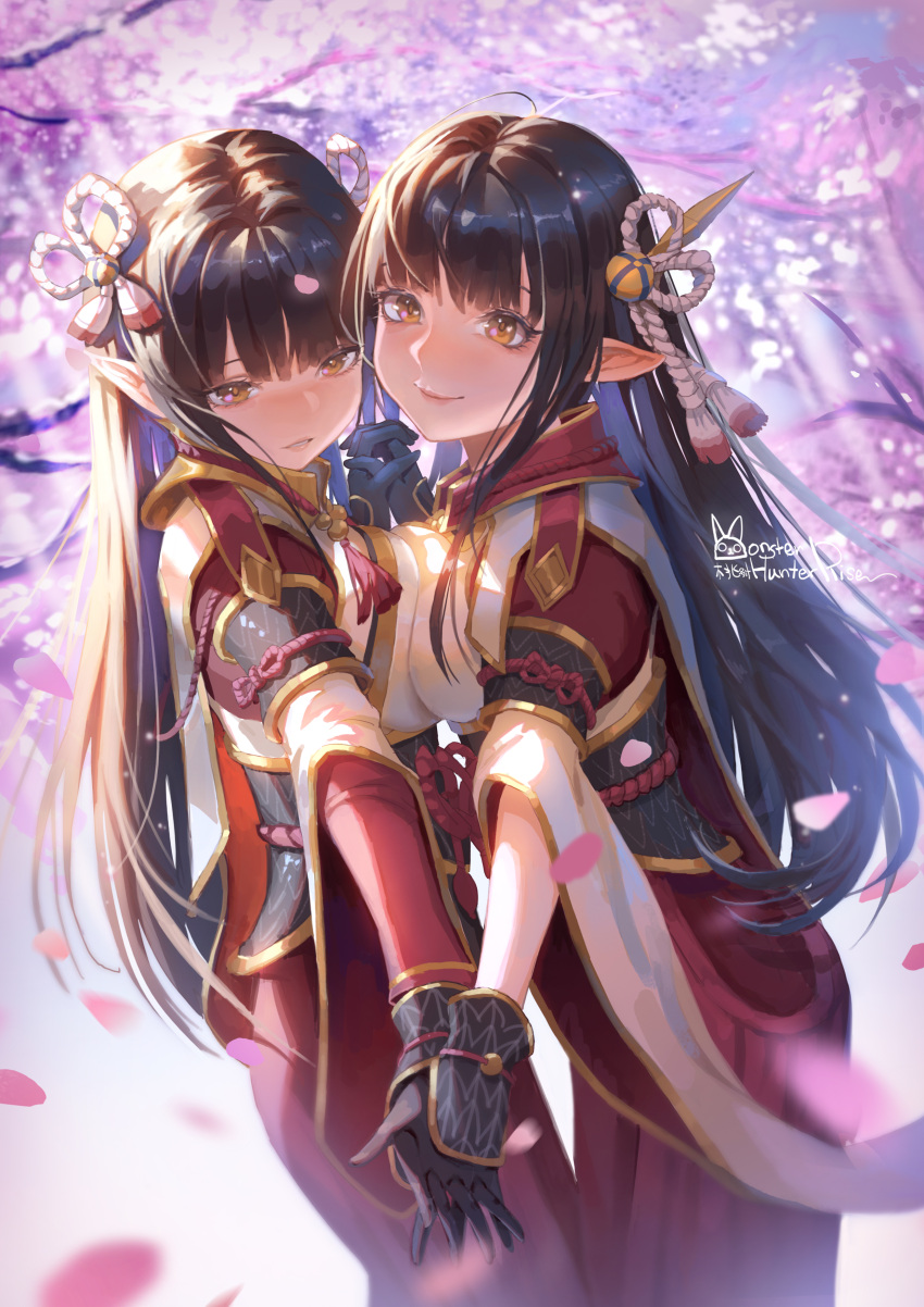 2girls bangs black_gloves black_hair blunt_bangs blush breasts closed_mouth commentary cowboy_shot eyebrows_visible_through_hair eyeshadow gloves gold_trim grey_background hair_ornament hinoa holding_hands interlocked_fingers japanese_clothes large_breasts long_hair looking_at_viewer makeup medium_breasts minoto monster_hunter_(series) monster_hunter_rise mugrito multiple_girls parted_lips pointy_ears red_eyeshadow siblings sidelocks simple_background sisters smile straight_hair tassel tsurime twins twitter_username wide_sleeves yellow_eyes