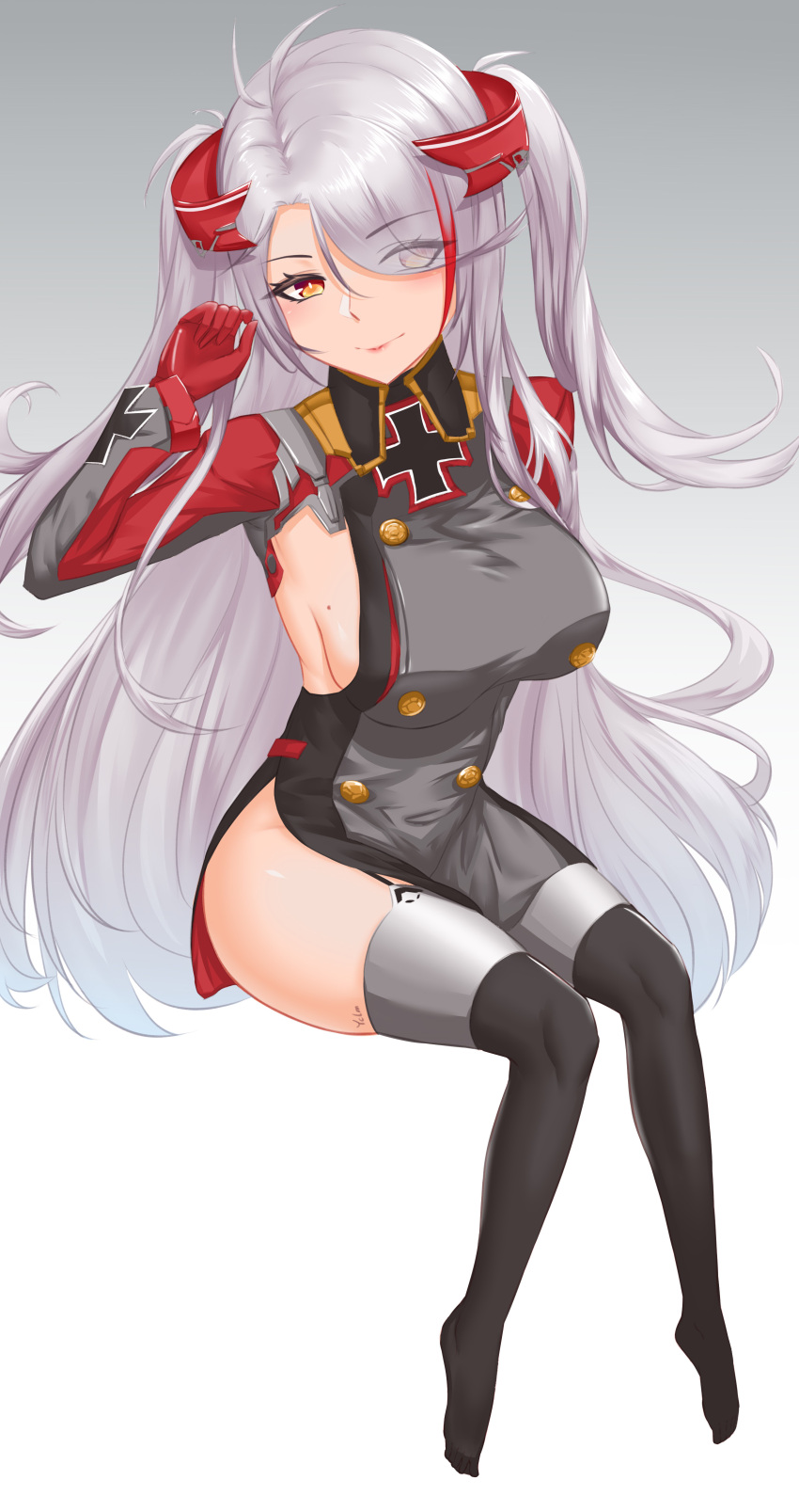 1girl absurdres azur_lane black_legwear breasts buttons double-breasted eyebrows_visible_through_hair gloves grey_background headgear highres ichikushi_mojibake large_breasts light_purple_hair long_hair mole mole_on_breast multicolored_hair prinz_eugen_(azur_lane) red_gloves redhead simple_background sitting solo thigh-highs two-tone_hair very_long_hair