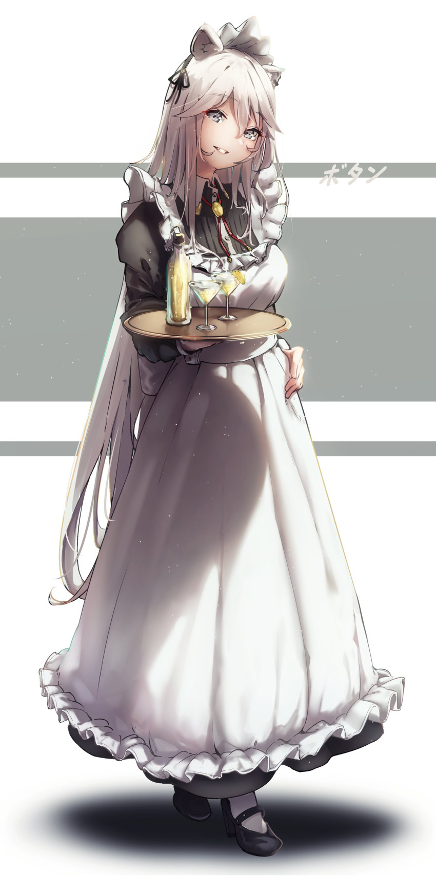 1girl absurdres ahoge alternate_costume amamami_prime animal_ears bangs blush cup drinking_glass ear_piercing enmaided eyebrows_visible_through_hair frills grey_eyes grey_hair hair_between_eyes head_tilt highres holding holding_tray hololive lion_ears lion_girl long_hair looking_at_viewer maid maid_headdress parted_lips piercing shishiro_botan smile solo standing teeth tray very_long_hair virtual_youtuber wooden_tray