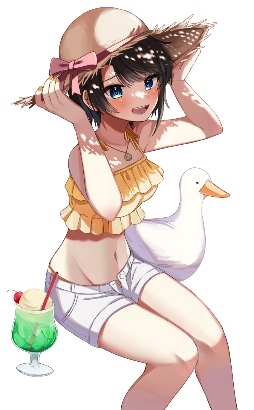 1girl :d bangs bird black_hair blue_eyes blush breasts brown_headwear cherry commentary_request crop_top cup drink drinking_glass drinking_straw duck eyebrows_visible_through_hair feet_out_of_frame food fruit hands_on_headwear hat highres hololive knees_together_feet_apart medium_breasts midriff moonbell nail_polish navel oozora_subaru open_mouth shirt short_hair short_shorts shorts simple_background sitting sleeveless sleeveless_shirt smile solo straw_hat sun_hat teeth upper_teeth virtual_youtuber white_background white_shorts yellow_nails yellow_shirt