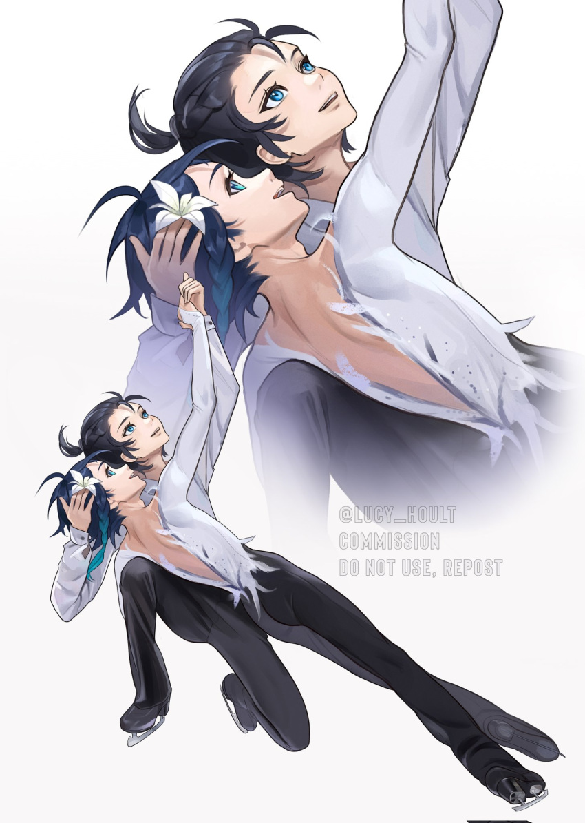 2boys ahoge ass back_cutout black_bodysuit black_hair black_pants bodysuit braid bridal_gauntlets clothing_cutout collared_shirt commentary commission english_commentary figure_skating flower from_side genshin_impact hair_flower hair_ornament hand_on_another's_head highres holding_another's_arm ice_skates inset lily_(flower) long_sleeves looking_at_hand lu_luu99 male_focus multicolored_bodysuit multicolored_clothes multiple_boys nameless_bard_(genshin_impact) open_mouth pants ponytail profile purple_hair shirt short_hair simple_background skates smile teeth tight toned toned_male venti_(genshin_impact) watermark white_background white_bodysuit white_shirt zoom_layer