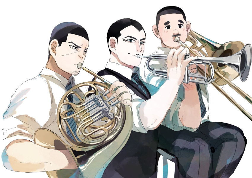 3boys black_eyes black_hair black_pants black_vest buzz_cut facial_hair facial_mark french_horn golden_kamuy grey_eyes higashino highres instrument kazuo_maeyama male_focus multiple_boys music mustache necktie pants playing_instrument shirt short_hair sitting stubble trombone trumpet tsukishima_hajime usami_tokishige very_short_hair vest white_background white_shirt