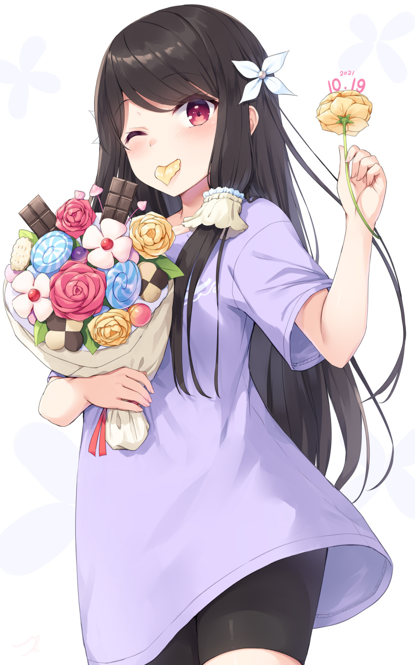 1girl absurdres bangs bike_shorts black_hair black_shorts blush bouquet candy checkerboard_cookie chocolate chocolate_bar commentary_request cookie dated eyebrows_visible_through_hair floral_background flower food hair_flower hair_ornament hand_up highres holding holding_bouquet holding_flower lollipop long_hair mouth_hold one_eye_closed original purple_shirt red_eyes red_flower red_rose rose shirt short_shorts short_sleeves shorts solo swept_bangs swirl_lollipop tsuchikure very_long_hair white_background white_flower yellow_flower yellow_rose