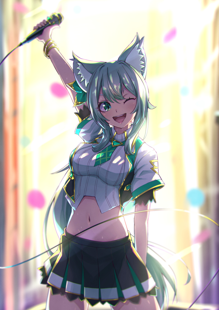 1girl absurdres animal_ear_fluff animal_ears arm_up bangs black_vest bow bracelet cat_ears green_bow green_eyes green_neckwear hair_bow hair_ornament happy highres hizuki_miu holding holding_microphone jewelry long_hair microphone microphone_cord midriff miniskirt multicolored multicolored_clothes multicolored_skirt navel necktie one_eye_closed open_mouth plaid_neckwear pleated_skirt shirt side_ponytail skirt smile solo sorrowsolow stage stomach striped striped_shirt triangle triangle_print v-shaped_eyebrows vertical-striped_shirt vertical_stripes very_long_hair vest virtual_youtuber wactor_production white_hair white_shirt wing_collar