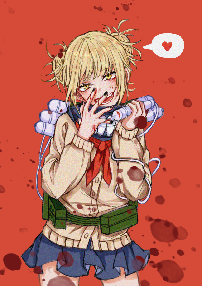 bags_under_eyes bandana bangs belt_pouch black_bandana blonde_hair blood blood_on_clothes blood_on_hands blood_splatter blue_skirt blunt_bangs boku_no_hero_academia brown_cardigan canister cardigan covering_face cowboy_shot double_bun fangs green_belt hair_up hand_to_own_mouth head_tilt heart highres hose messy_hair narrowed_eyes neckerchief pleated_skirt pouch red_background red_neckwear school_uniform sidelocks simple_background skirt slit_pupils smile speech_bubble spoken_heart syringe teeth toga_himiko yellow_eyes youki_kecf4488