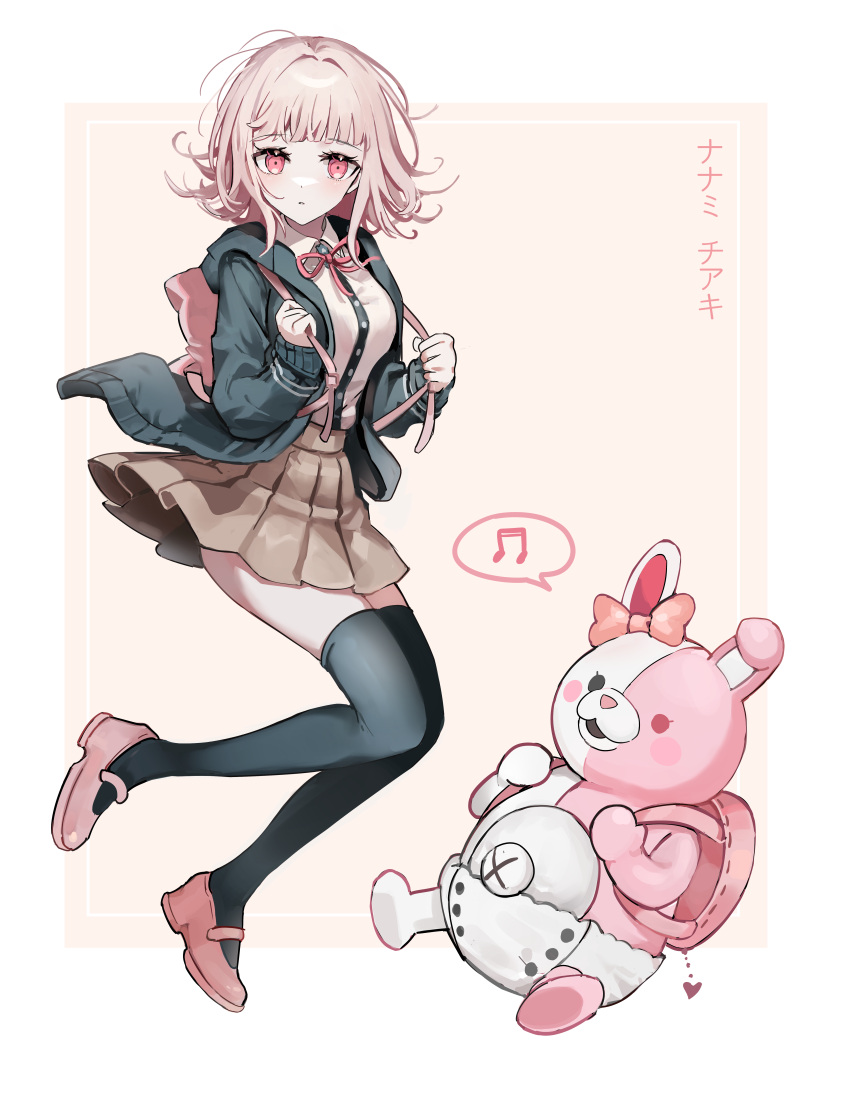 1girl absurdres backpack bag bangs black_legwear brown_background brown_hair brown_skirt buttons character_name closed_mouth collared_shirt commentary_request danganronpa_(series) danganronpa_2:_goodbye_despair diaper dress_shirt eeleng from_side green_jacket hair_ornament highres hood hood_down jacket korean_commentary long_sleeves looking_at_viewer medium_hair monomi_(danganronpa) musical_note nanami_chiaki neck_ribbon open_clothes open_jacket pink_eyes pink_footwear red_ribbon ribbon shiny shiny_hair shirt skirt spoken_musical_note thigh-highs translated two-tone_shirt white_background