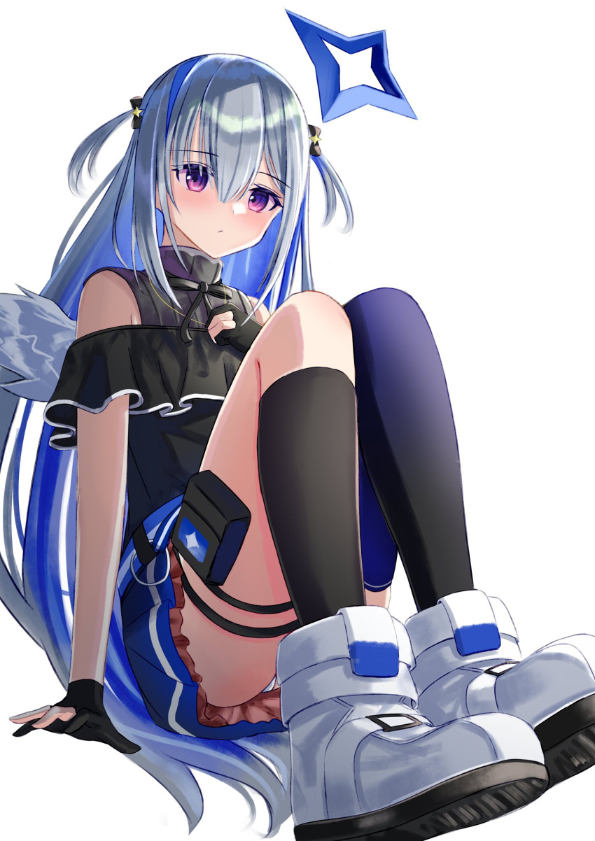 1girl amane_kanata arm_support bare_shoulders black_bow black_gloves black_legwear black_shirt blue_hair blue_legwear blue_skirt boots bow commentary_request feathered_wings frilled_skirt frills gloves gradient gradient_legwear hair_bow hair_ornament highres hololive kneehighs knees_up long_hair looking_at_viewer mini_wings multicolored_hair natsuki_(natukituki) off-shoulder_shirt off_shoulder panties partially_fingerless_gloves shirt shoe_soles silver_hair simple_background single_kneehigh single_thighhigh sitting skirt solo star_(symbol) star_hair_ornament thigh-highs two-tone_hair two_side_up underwear very_long_hair virtual_youtuber white_background white_footwear white_panties white_wings wings