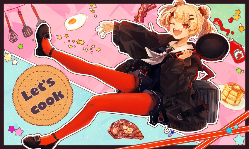 1girl absurdres akebisousaku arknights bacon bag black_footwear black_jacket blonde_hair blue_dress border brown_border butter commentary_request dress egg english_text food frying_pan full_body gummy_(arknights) hair_ornament hairclip highres holding holding_frying_pan jacket ketchup ketchup_bottle long_sleeves looking_at_viewer one_eye_closed open_clothes open_jacket open_mouth orange_legwear outline outside_border pancake pantyhose sailor_collar short_hair smile solo spatula star_(symbol) steak strappy_heels teeth upper_teeth whisk white_outline