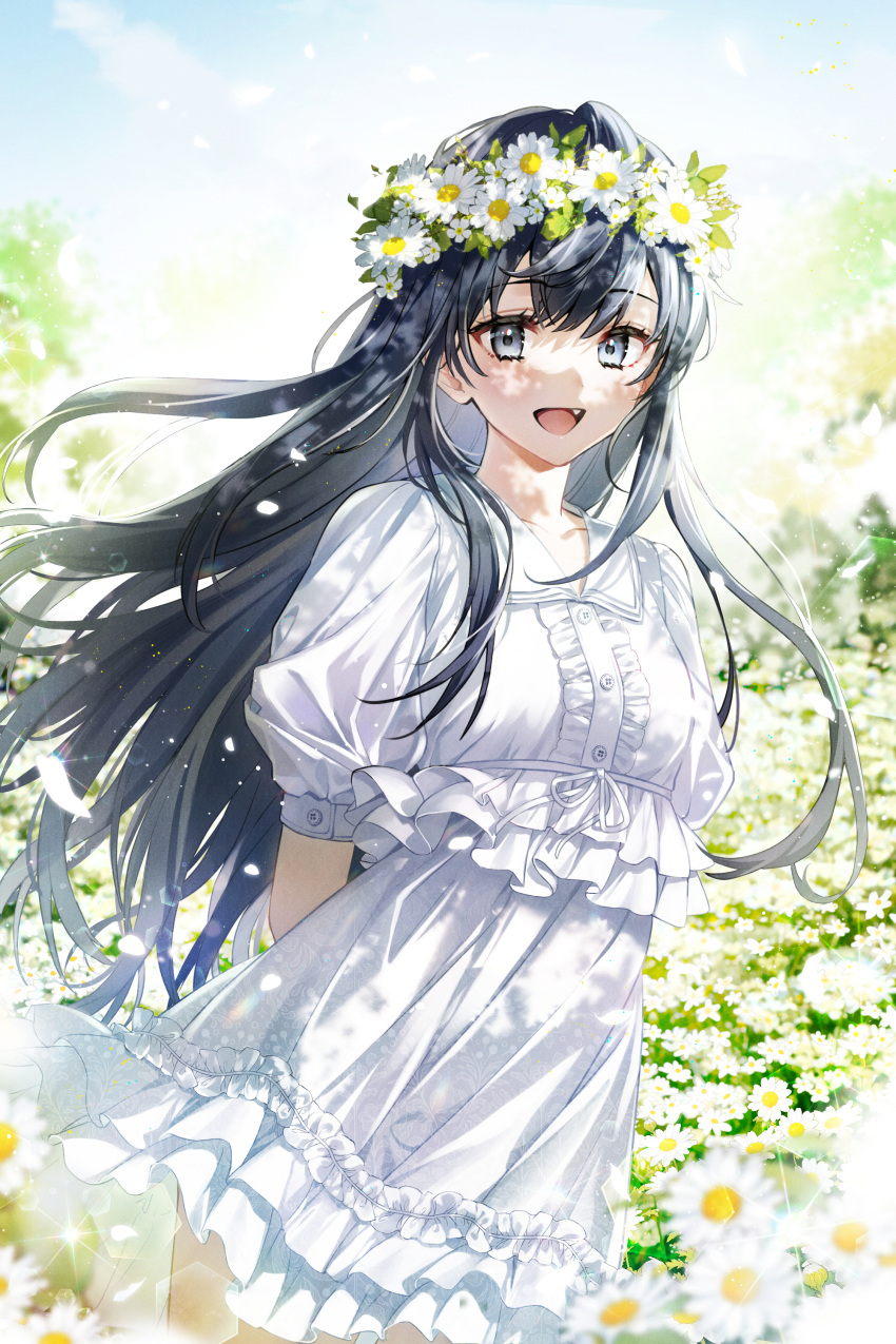1girl :d absurdres arms_behind_back black_hair blurry blurry_background blurry_foreground cover cover_page dress eyebrows_visible_through_hair fang field flower flower_field frilled_dress frills grey_eyes hair_between_eyes hair_ornament highres long_hair looking_at_viewer ninto official_art open_mouth original short_sleeves smile sparkle white_dress wreath