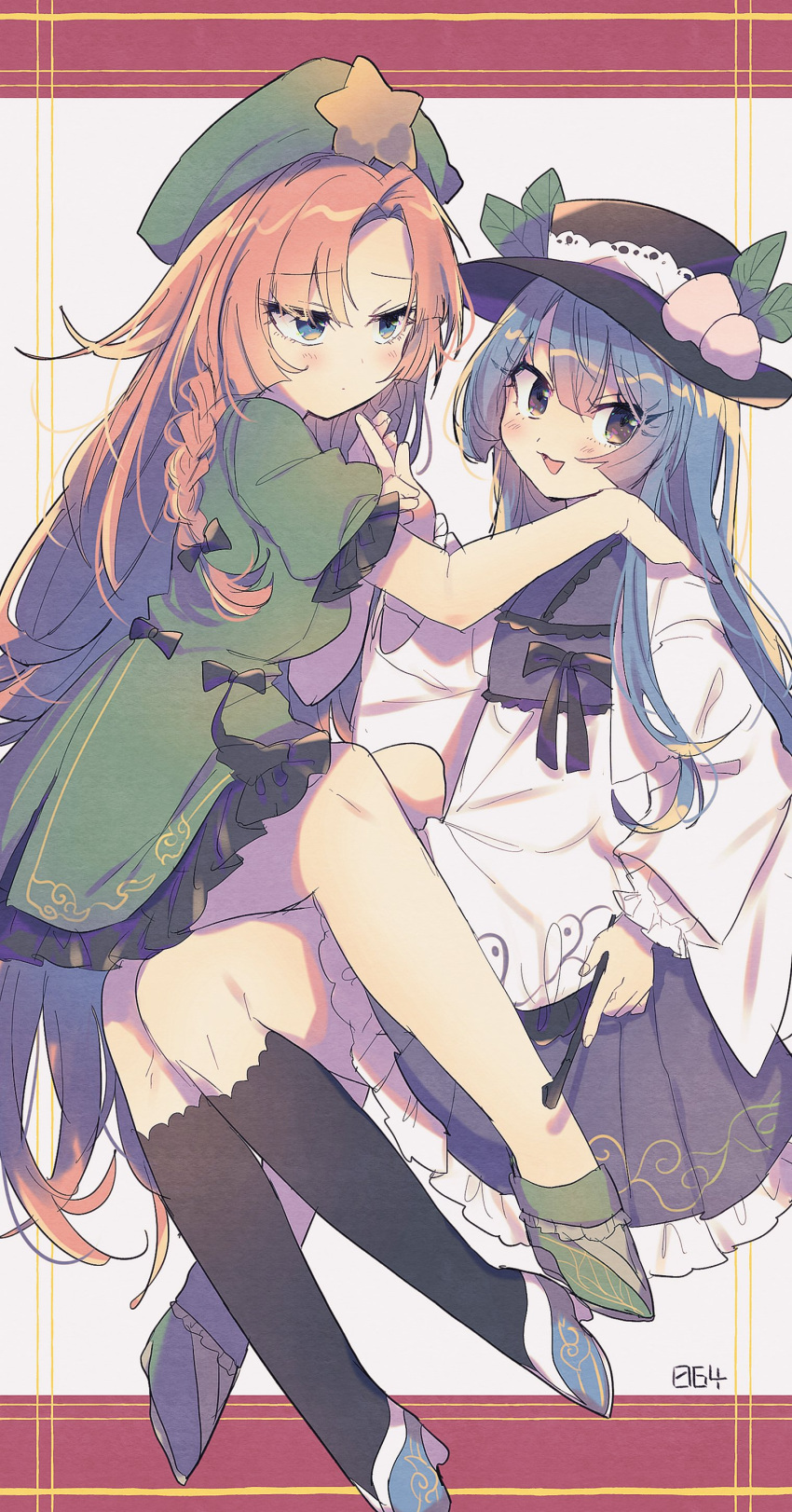 2girls absurdres adapted_costume bangs black_headwear black_legwear blue_hair blush brown_eyes chinese_clothes commentary_request dot_mouth dress fruit_hat_ornament green_dress green_footwear green_headwear hand_on_another's_shoulder haruwaka_064 hat hat_ornament highres hinanawi_tenshi hong_meiling kiseru kneehighs long_hair long_sleeves multiple_girls peach_hat_ornament pipe puffy_short_sleeves puffy_sleeves red_eyes short_sleeves sidelocks skirt star_(symbol) star_hat_ornament touhou