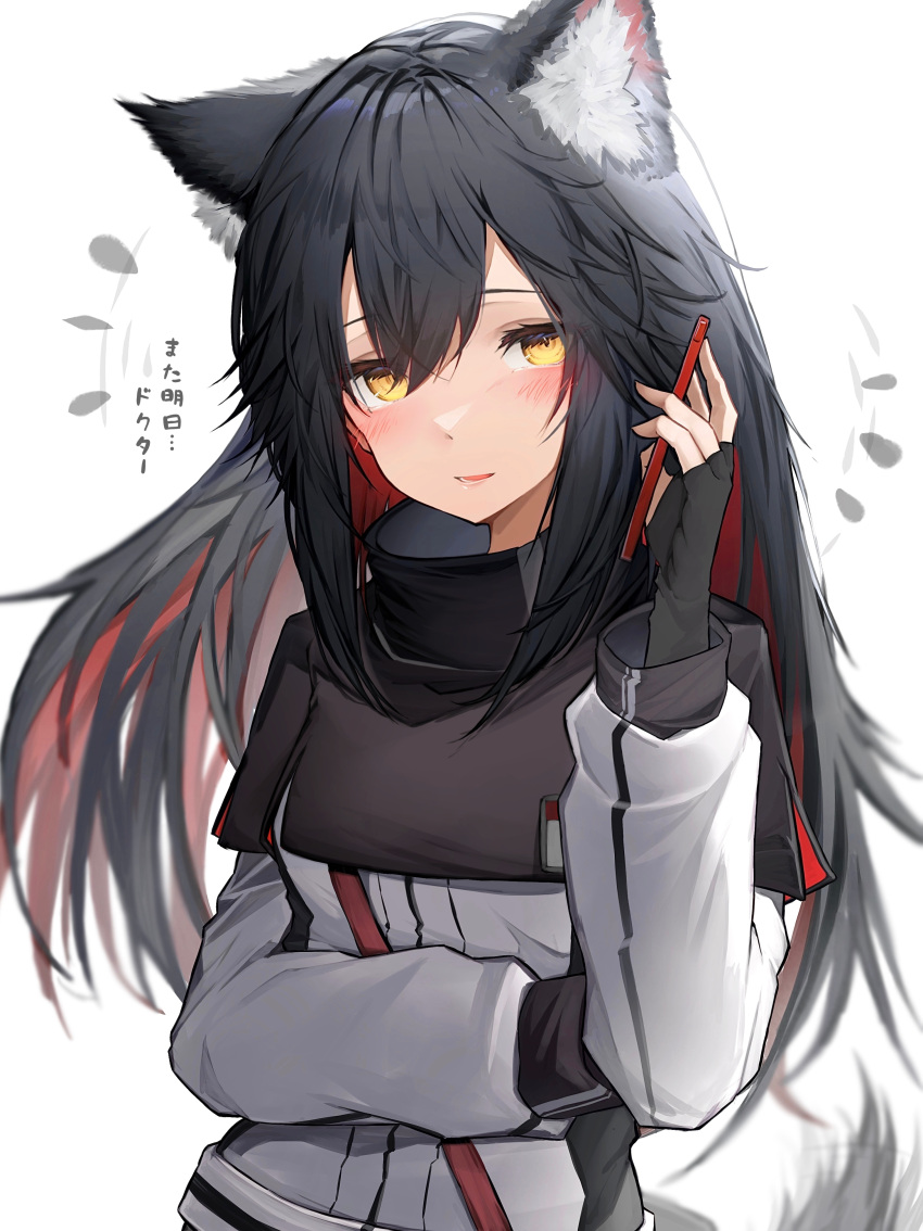 1girl absurdres animal_ears arknights black_hair blush cellphone hair_between_eyes highres holding holding_phone light_smile long_sleeves looking_at_viewer multicolored_hair phone redhead simple_background solo tab_head texas_(arknights) translation_request two-tone_hair white_background wolf_ears wolf_girl yellow_eyes