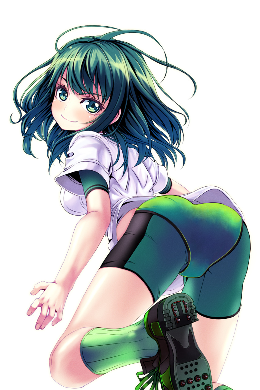 1girl ass bike_shorts breasts green_eyes green_footwear green_hair green_panties highres jill_(soccer_spirits) large_breasts looking_at_viewer official_art panties pantyshot reason_(ficafe) resized shirt shoes short_hair smile soccer_spirits socks soles transparent_background underwear upscaled white_shirt