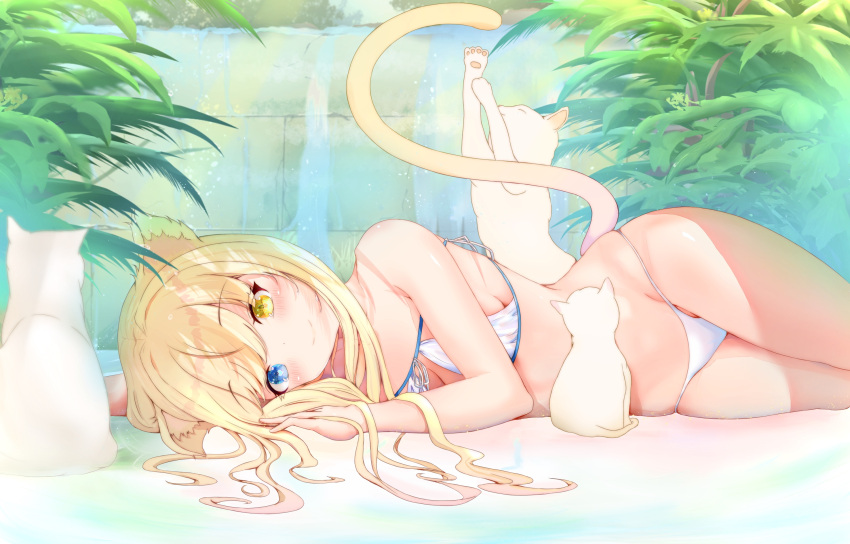 1girl animal_ear_fluff animal_ears bangs bikini blonde_hair blue_eyes blush breasts cat cat_ears cat_tail closed_eyes closed_mouth commentary_request eyebrows_visible_through_hair heterochromia highres legs_together long_hair looking_at_viewer lying moubokobokodayo on_side original plant small_breasts smile solo stone_wall swimsuit tail thighs wall water white_bikini yellow_eyes